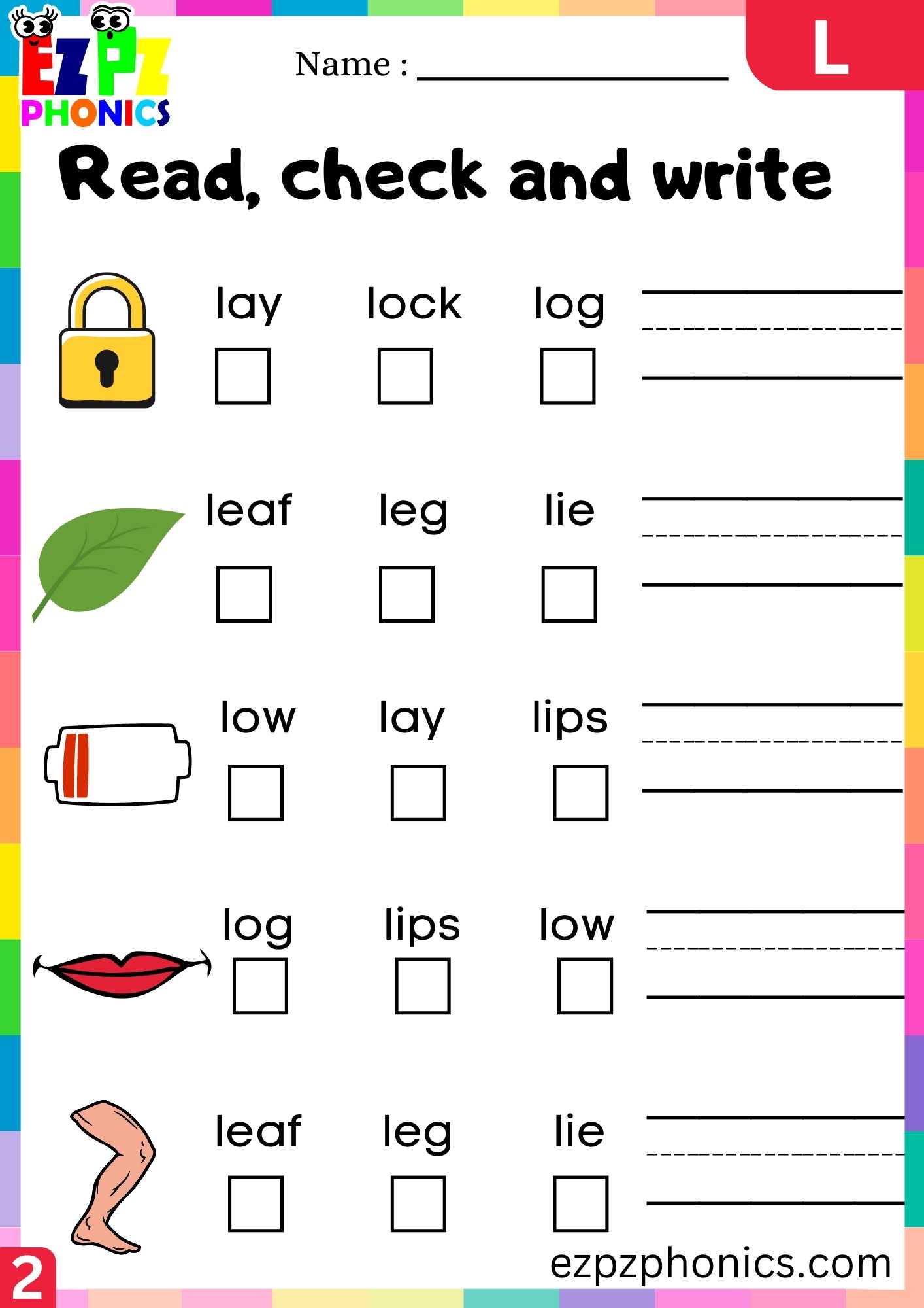Group2 Letter L Read, Check And Write Beginning Sounds Worksheet